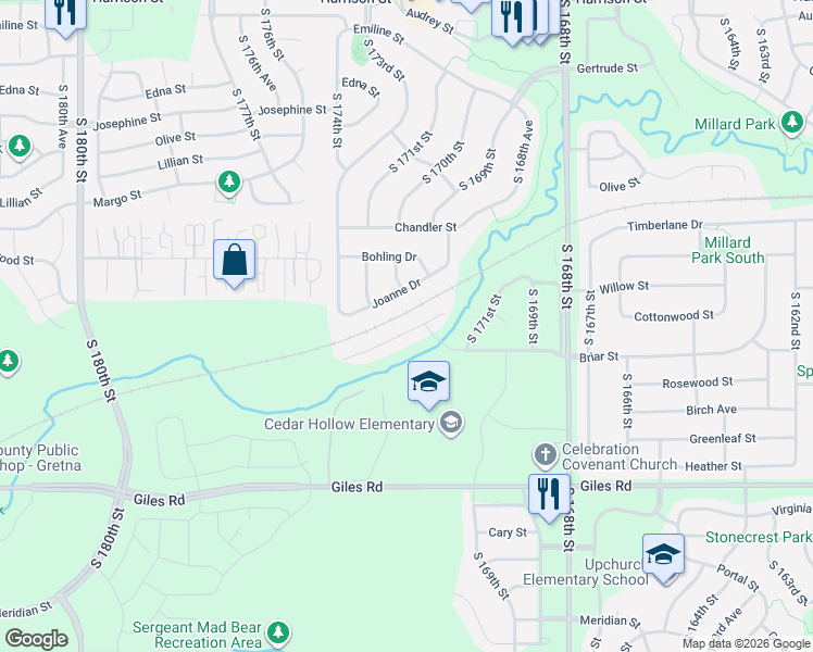 map of restaurants, bars, coffee shops, grocery stores, and more near 17240 South Creek Circle in Omaha
