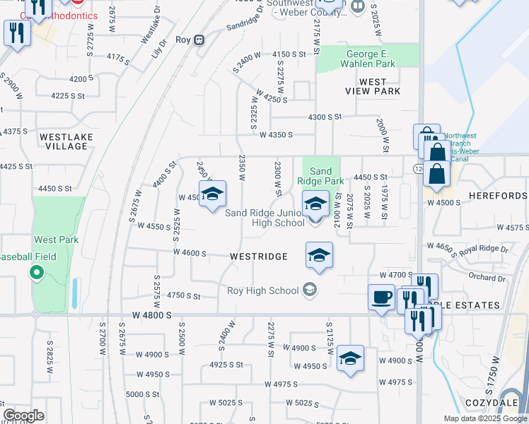 map of restaurants, bars, coffee shops, grocery stores, and more near 4527 South 2300 West Street in Roy