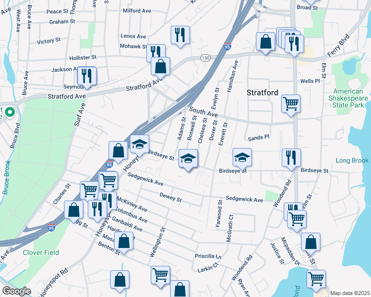 map of restaurants, bars, coffee shops, grocery stores, and more near 180 Boswell Street in Stratford