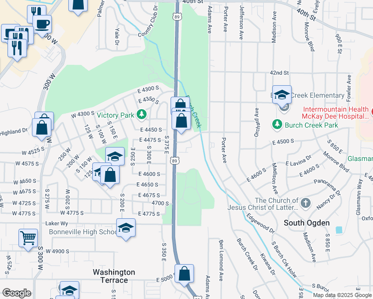 map of restaurants, bars, coffee shops, grocery stores, and more near 3491 Riverdale Road in Ogden
