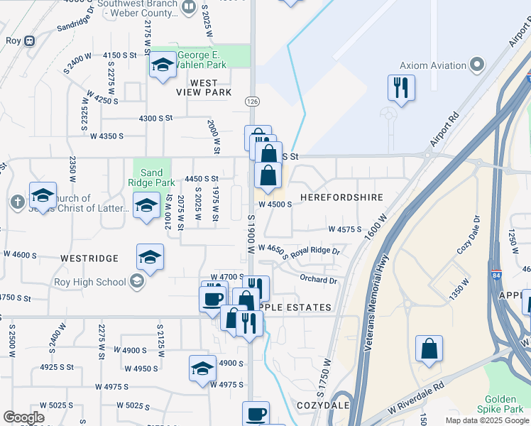 map of restaurants, bars, coffee shops, grocery stores, and more near 1825 West 4500 South in Roy