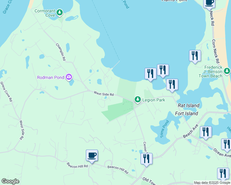 map of restaurants, bars, coffee shops, grocery stores, and more near 914 Coast Guard Road in New Shoreham