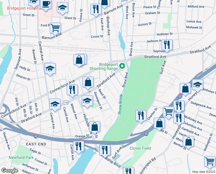 map of restaurants, bars, coffee shops, grocery stores, and more near 85 Miles Street in Bridgeport