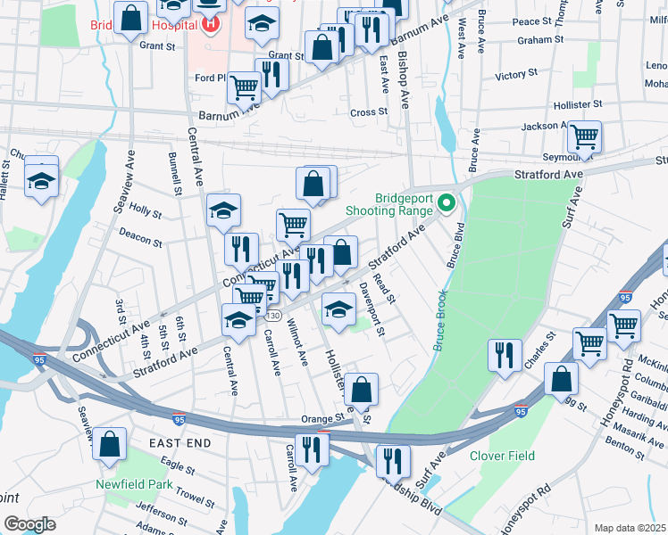 map of restaurants, bars, coffee shops, grocery stores, and more near 460 Logan Street in Bridgeport