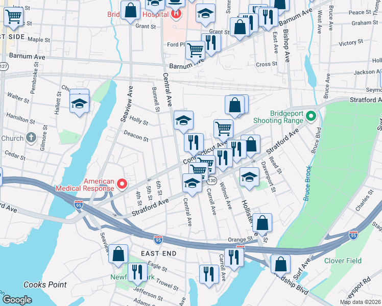 map of restaurants, bars, coffee shops, grocery stores, and more near 651 Union Avenue in Bridgeport