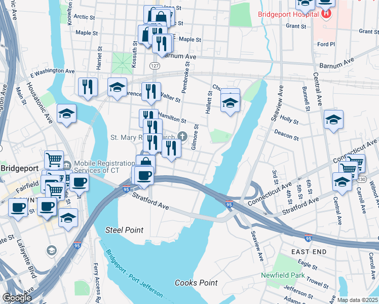 map of restaurants, bars, coffee shops, grocery stores, and more near 6 Gilmore Street in Bridgeport
