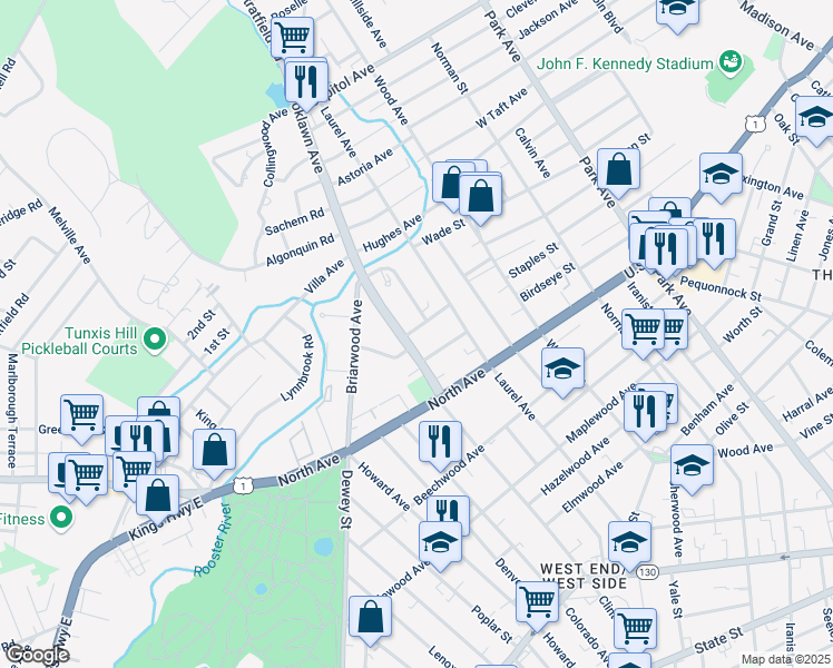 map of restaurants, bars, coffee shops, grocery stores, and more near 51 Brooklawn Place in Bridgeport