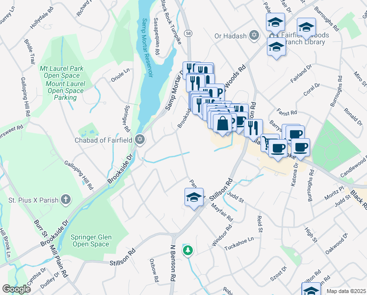 map of restaurants, bars, coffee shops, grocery stores, and more near 278 Pansy Road in Fairfield