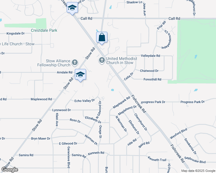 map of restaurants, bars, coffee shops, grocery stores, and more near 2520 Colony Park Place in Stow