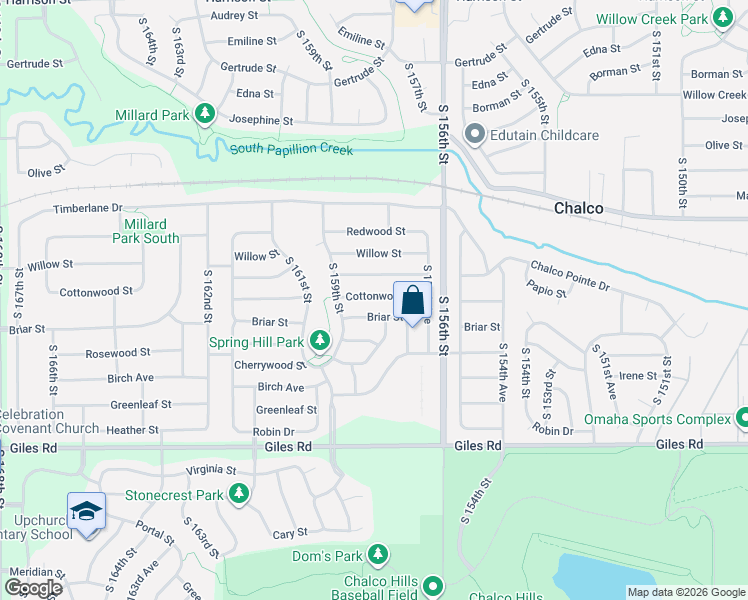 map of restaurants, bars, coffee shops, grocery stores, and more near 15831 Cottonwood Street in Omaha