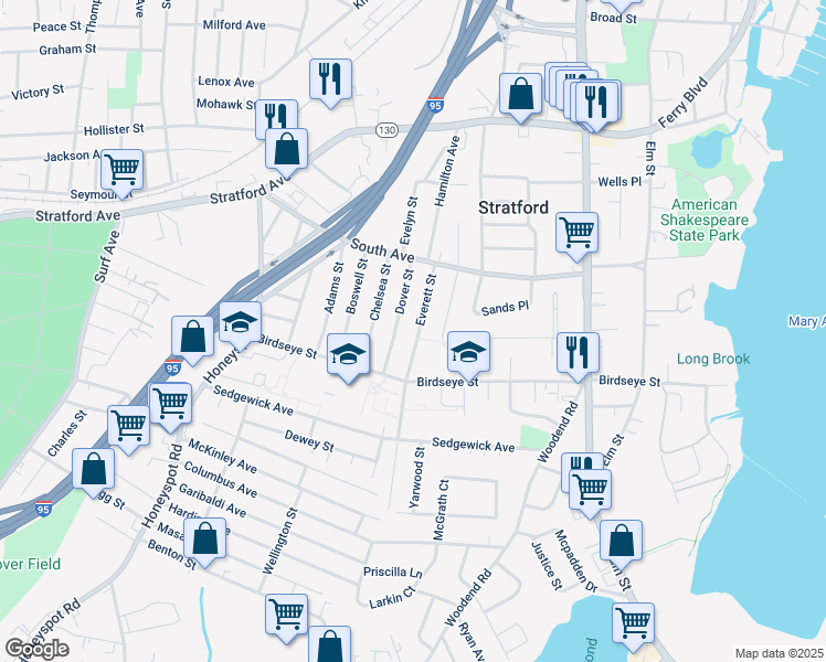 map of restaurants, bars, coffee shops, grocery stores, and more near 144 Everett Street in Stratford