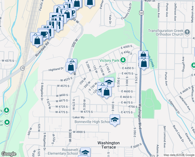 map of restaurants, bars, coffee shops, grocery stores, and more near 4473 South 125 West in Washington Terrace