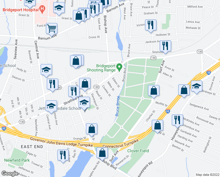 map of restaurants, bars, coffee shops, grocery stores, and more near 85 Miles Street in Bridgeport