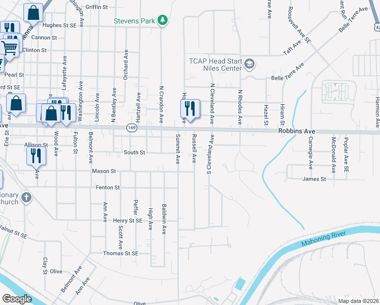 map of restaurants, bars, coffee shops, grocery stores, and more near 52 Russell Ave in Niles