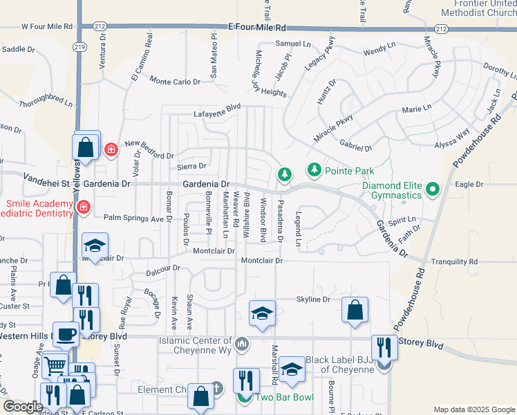 map of restaurants, bars, coffee shops, grocery stores, and more near 6920 Windsor Boulevard in Cheyenne