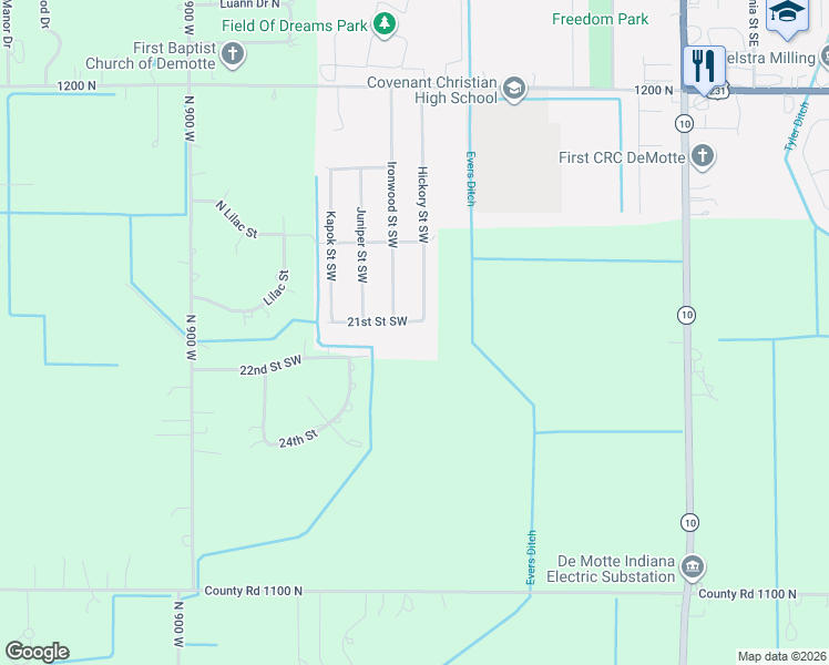 map of restaurants, bars, coffee shops, grocery stores, and more near 801 21st Street Southwest in De Motte