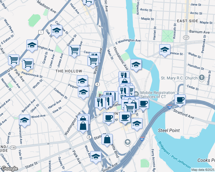 map of restaurants, bars, coffee shops, grocery stores, and more near 76 Lyon Terrace in Bridgeport