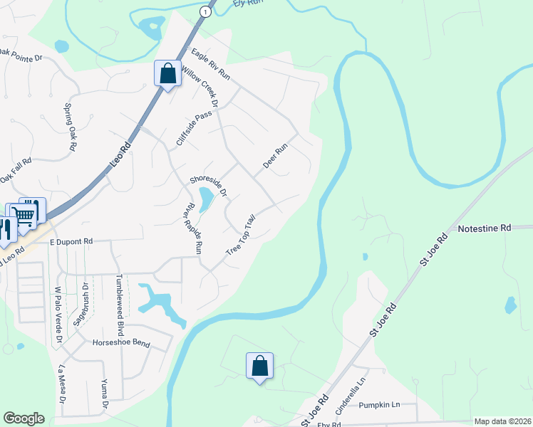 map of restaurants, bars, coffee shops, grocery stores, and more near 6832 Tree Top Trail in Fort Wayne