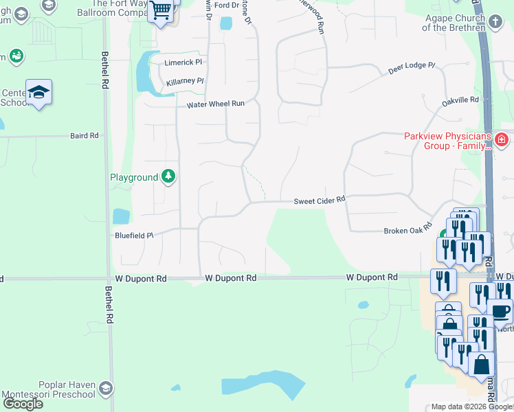 map of restaurants, bars, coffee shops, grocery stores, and more near 2731 Sweet Cider Road in Fort Wayne