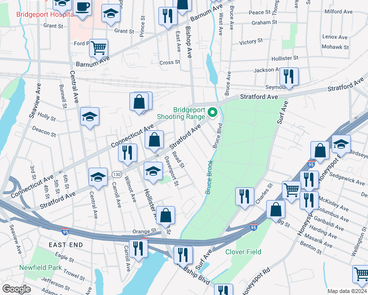 map of restaurants, bars, coffee shops, grocery stores, and more near 153 Cowles Street in Bridgeport