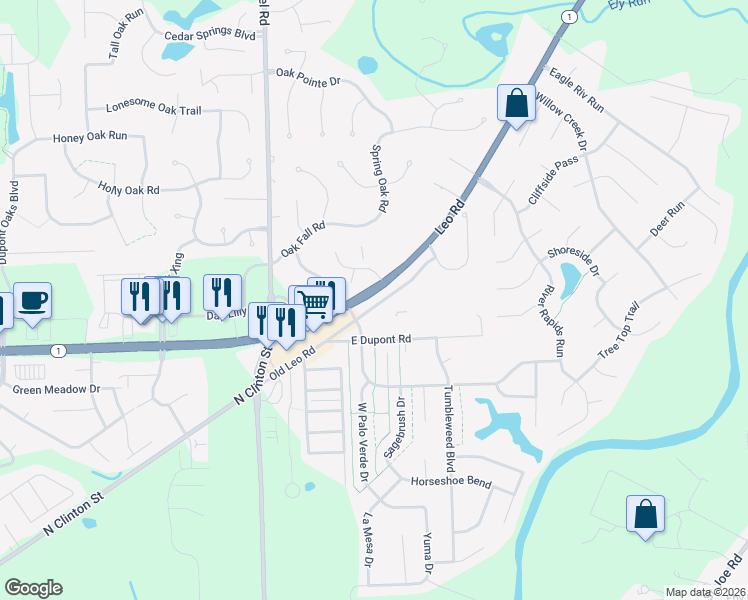 map of restaurants, bars, coffee shops, grocery stores, and more near 10505 Old Leo Rd in Fort Wayne