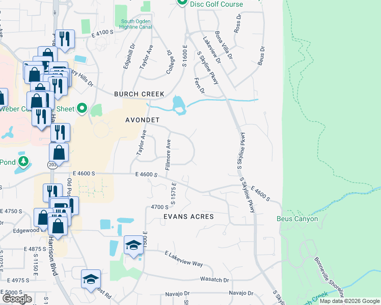 map of restaurants, bars, coffee shops, grocery stores, and more near 1641 Pinecrest Drive in Ogden