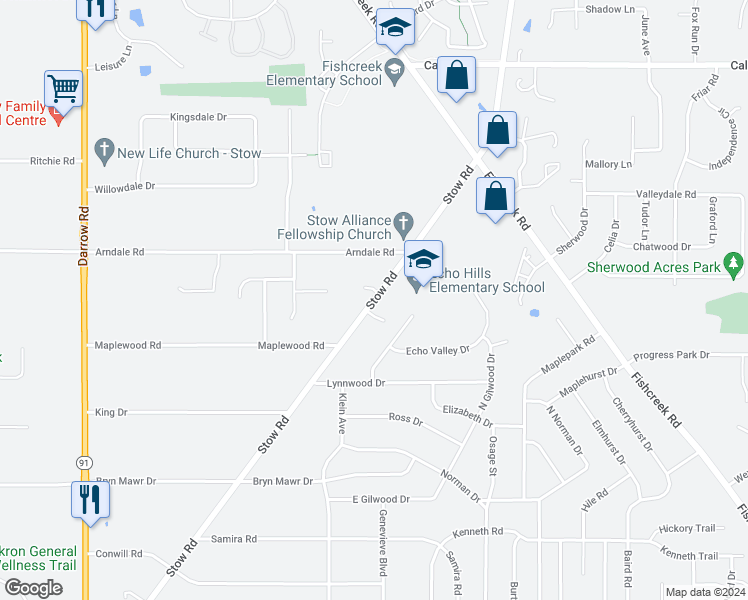 map of restaurants, bars, coffee shops, grocery stores, and more near 4421 Stow Rd in Stow