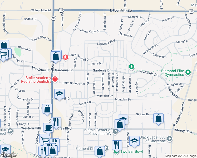 map of restaurants, bars, coffee shops, grocery stores, and more near 505 Malibu Court in Cheyenne
