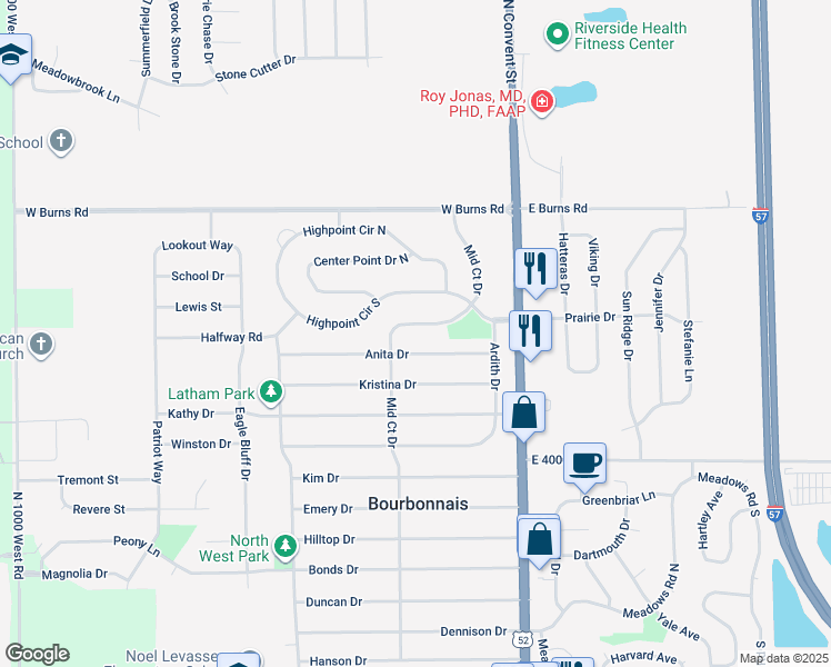 map of restaurants, bars, coffee shops, grocery stores, and more near 1582 Mid Court Drive in Bourbonnais