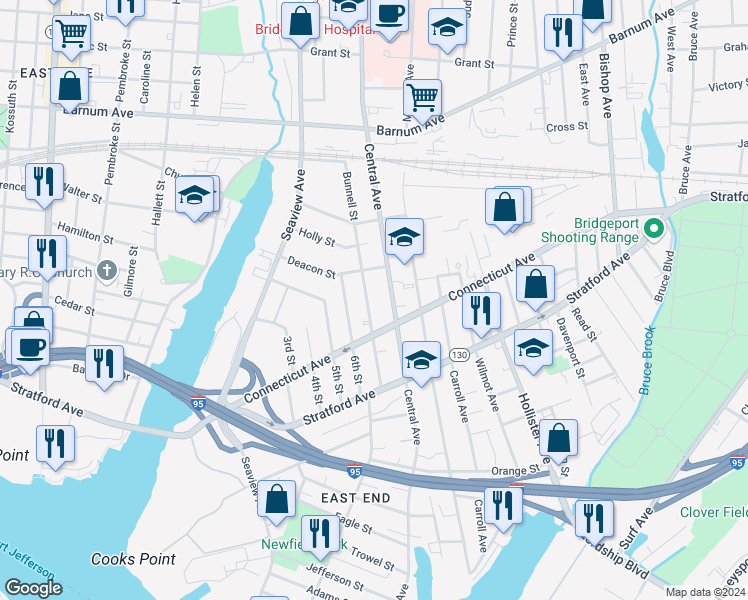map of restaurants, bars, coffee shops, grocery stores, and more near 212 Bunnell Street in Bridgeport