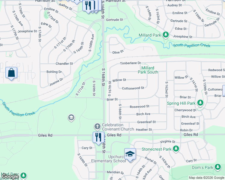 map of restaurants, bars, coffee shops, grocery stores, and more near 7818 South 166th Street in Omaha
