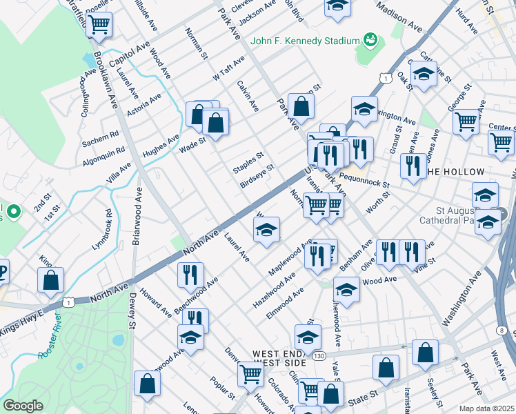 map of restaurants, bars, coffee shops, grocery stores, and more near 2009 North Avenue in Bridgeport