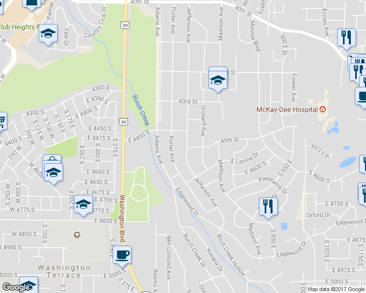 map of restaurants, bars, coffee shops, grocery stores, and more near 4499 Jefferson Avenue in Ogden