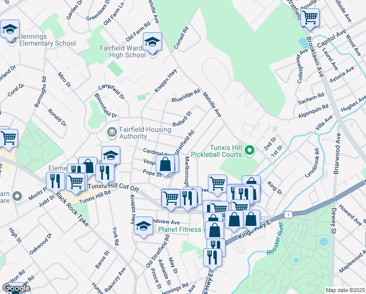 map of restaurants, bars, coffee shops, grocery stores, and more near 241 Old Stratfield Road in Fairfield