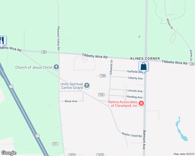 map of restaurants, bars, coffee shops, grocery stores, and more near 1521 Liberty Avenue in Girard