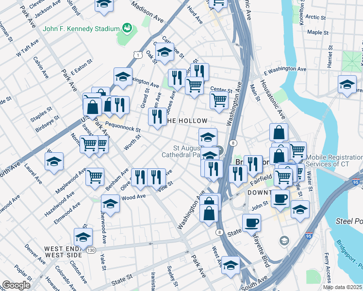 map of restaurants, bars, coffee shops, grocery stores, and more near 263 Harral Avenue in Bridgeport