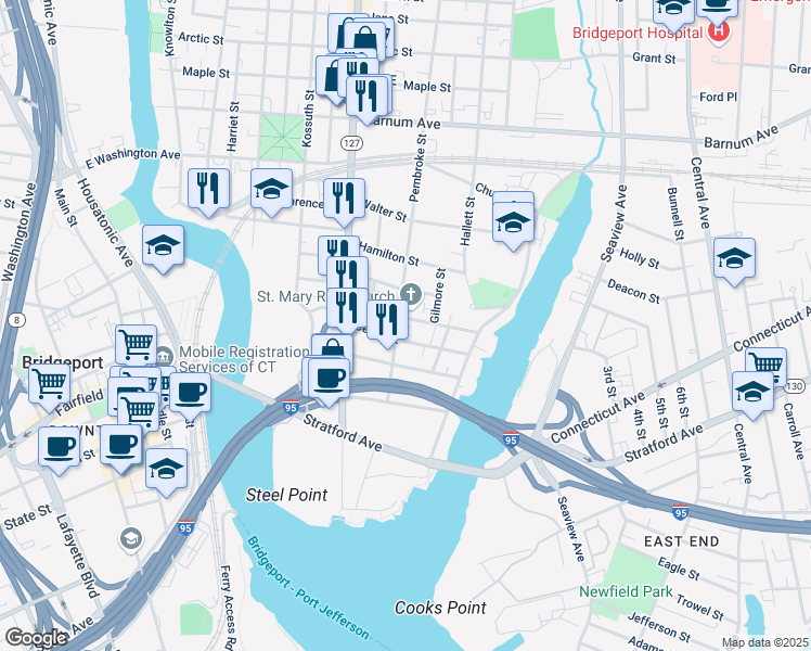 map of restaurants, bars, coffee shops, grocery stores, and more near 520 Pembroke Street in Bridgeport