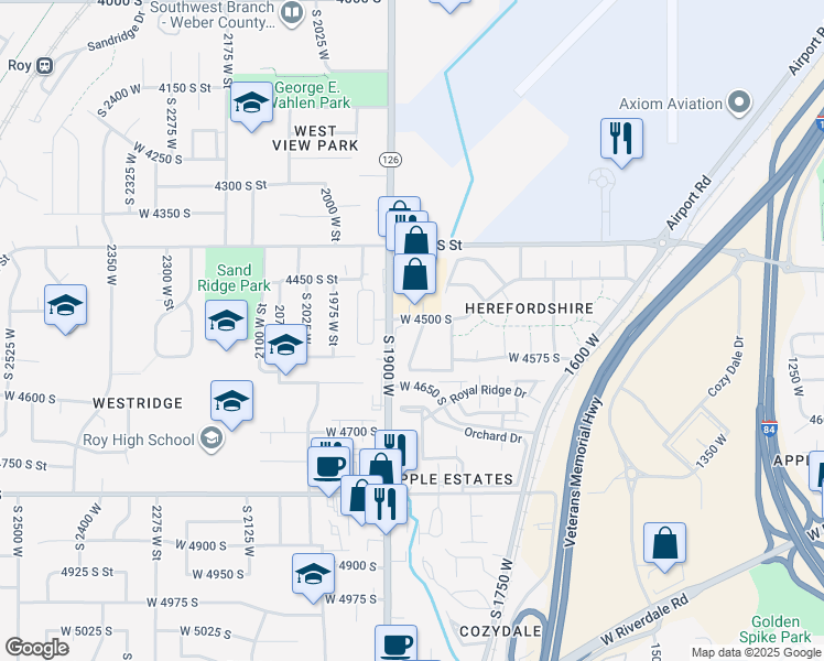 map of restaurants, bars, coffee shops, grocery stores, and more near 4536 South 1900 West in Roy