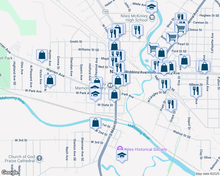 map of restaurants, bars, coffee shops, grocery stores, and more near 40 North Main Street in Niles
