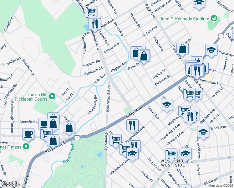 map of restaurants, bars, coffee shops, grocery stores, and more near 175 Brooklawn Avenue in Bridgeport