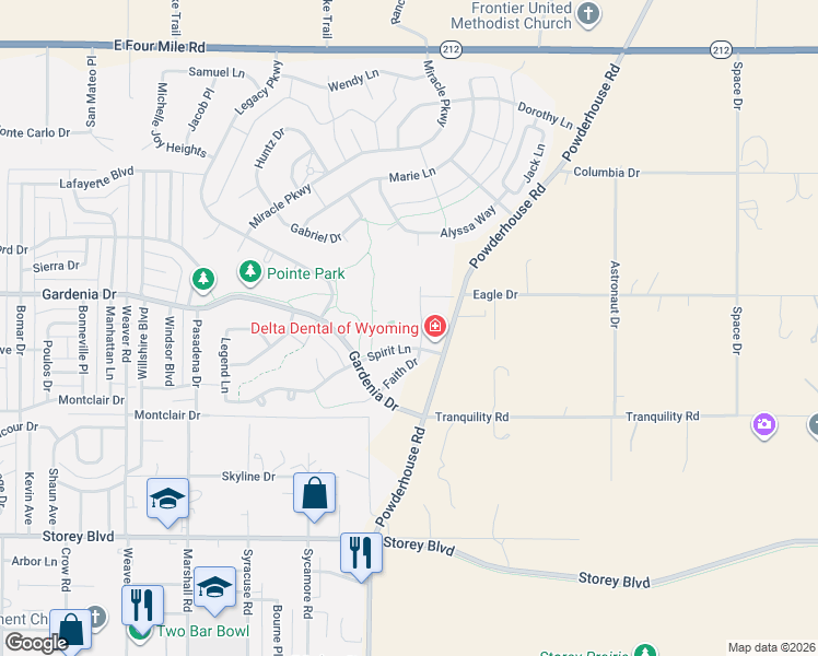 map of restaurants, bars, coffee shops, grocery stores, and more near 6724 Faith Drive in Cheyenne