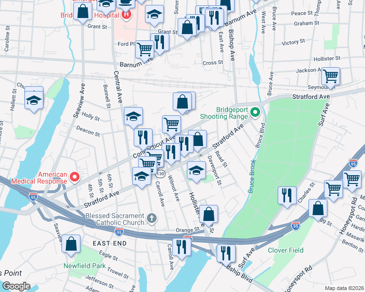 map of restaurants, bars, coffee shops, grocery stores, and more near 460 Logan Street in Bridgeport