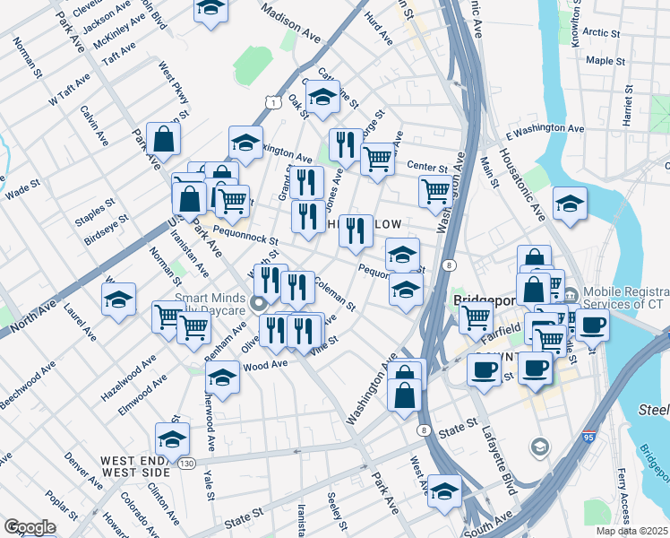 map of restaurants, bars, coffee shops, grocery stores, and more near in Bridgeport