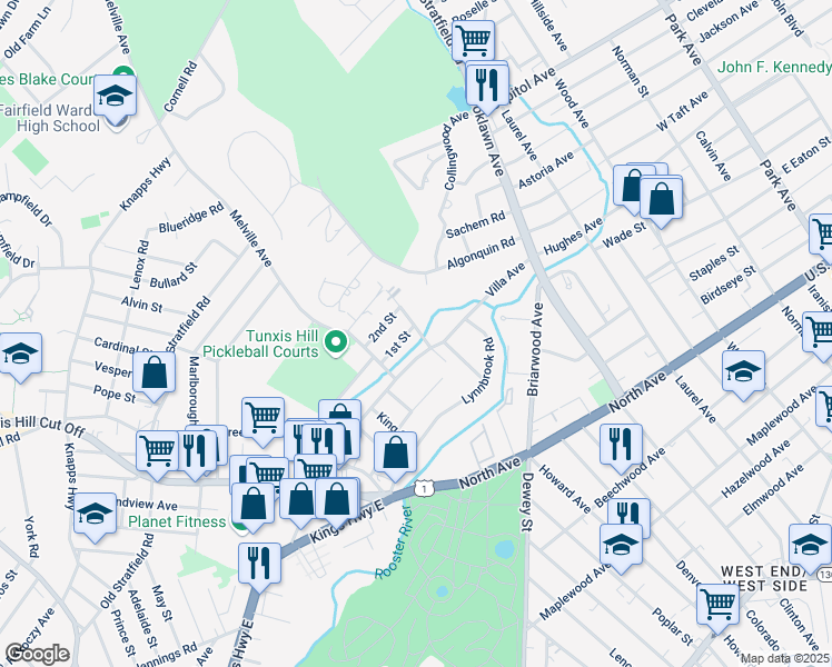 map of restaurants, bars, coffee shops, grocery stores, and more near 43 Nichols Avenue in Fairfield