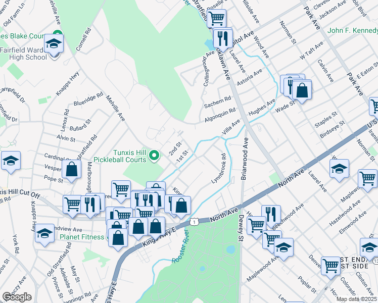 map of restaurants, bars, coffee shops, grocery stores, and more near 33 Nichols Avenue in Fairfield