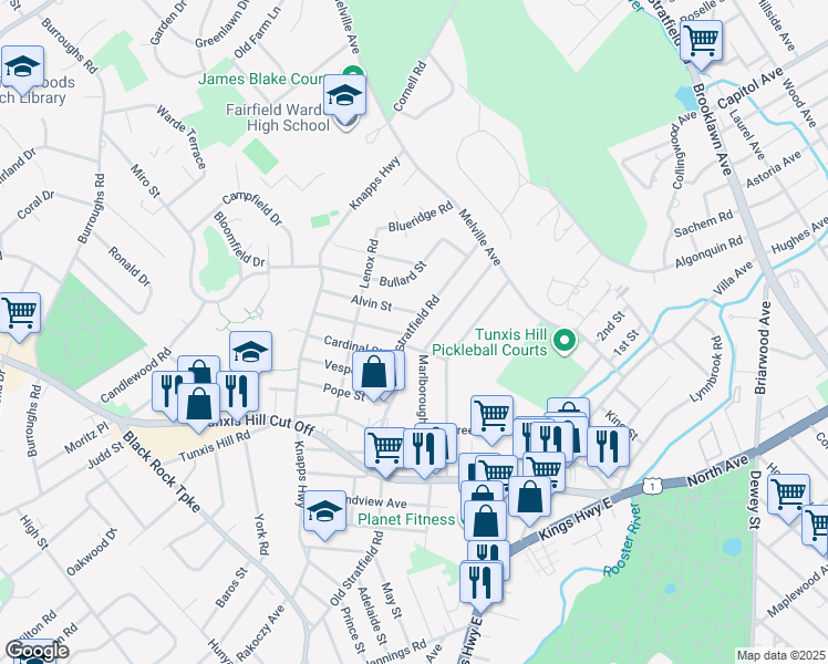 map of restaurants, bars, coffee shops, grocery stores, and more near 241 Old Stratfield Road in Fairfield