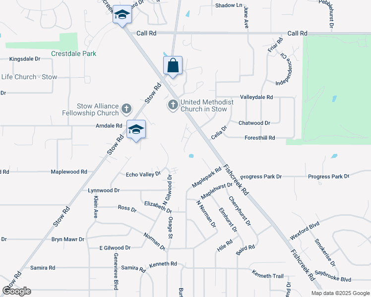 map of restaurants, bars, coffee shops, grocery stores, and more near 2520 Colony Park Place in Stow