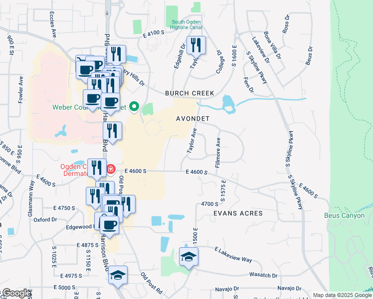 map of restaurants, bars, coffee shops, grocery stores, and more near 4525 Taylor Avenue in Ogden
