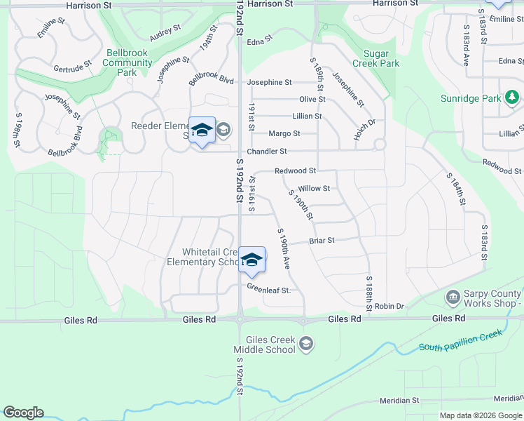 map of restaurants, bars, coffee shops, grocery stores, and more near 19074 Cottonwood Street in Omaha