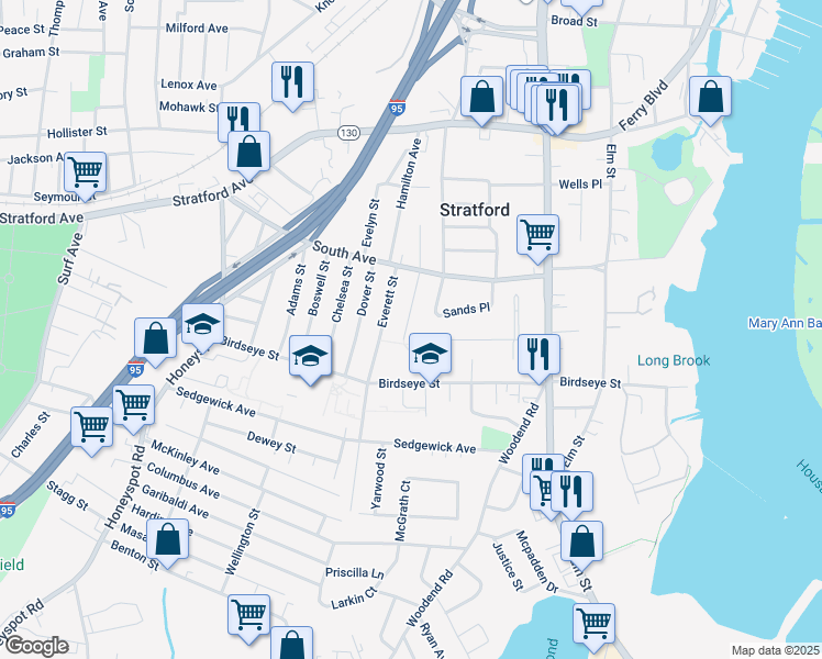 map of restaurants, bars, coffee shops, grocery stores, and more near 30 Taft Street in Stratford
